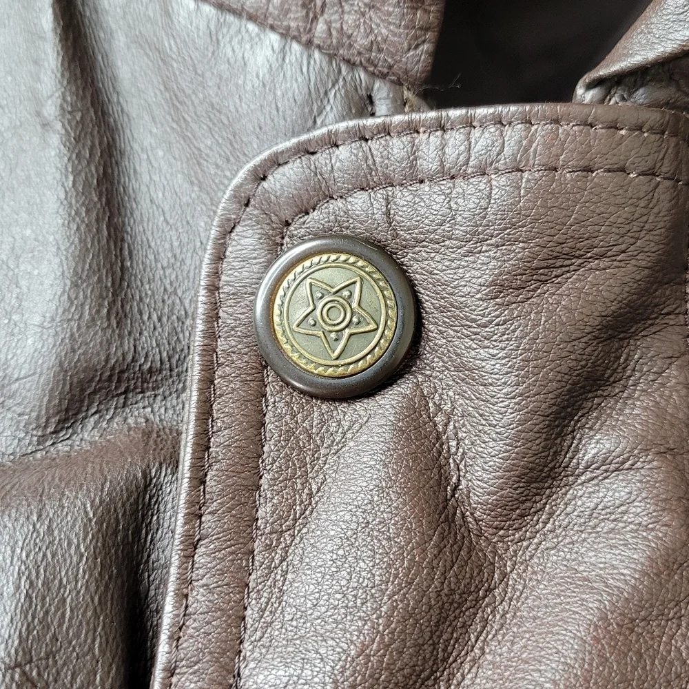 DANY Leather Coat  Women Size L Brown Hooded Zip Snaps 4 Pockets Cinched Vintage